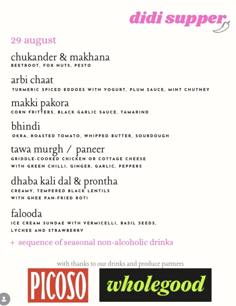Didi Supper's published 29 August menu